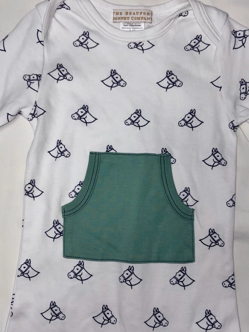The Beaufort Bonnet Co romper with horses and elbow patches sz 6-12 mo NWOT